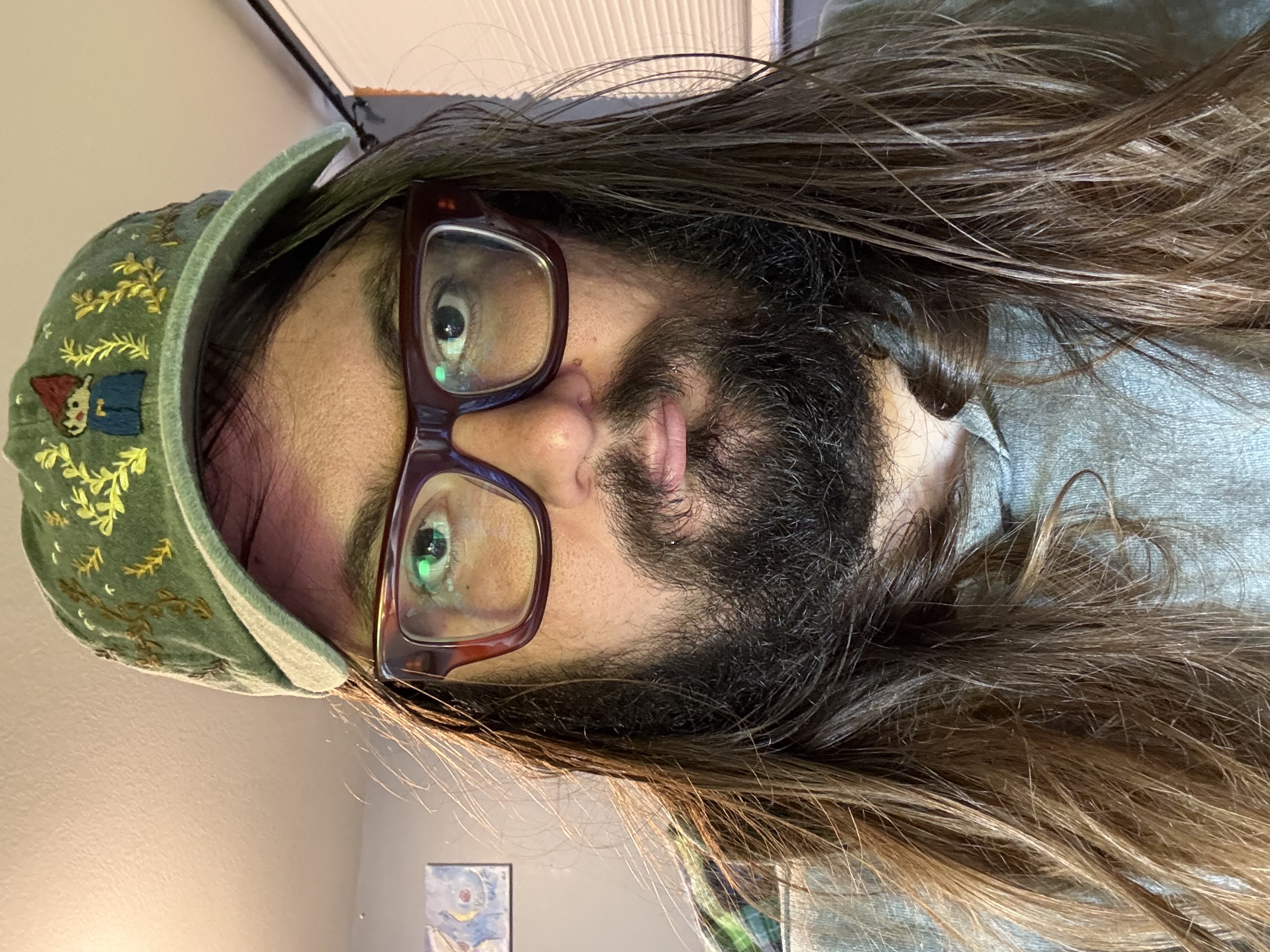 a photo of me. Long hair, beard gornw out, wearing a green hat with an embroidered over the garden wall design. I have a scowl